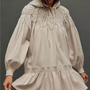 Beige Smocked Yoke Hooded Tunic